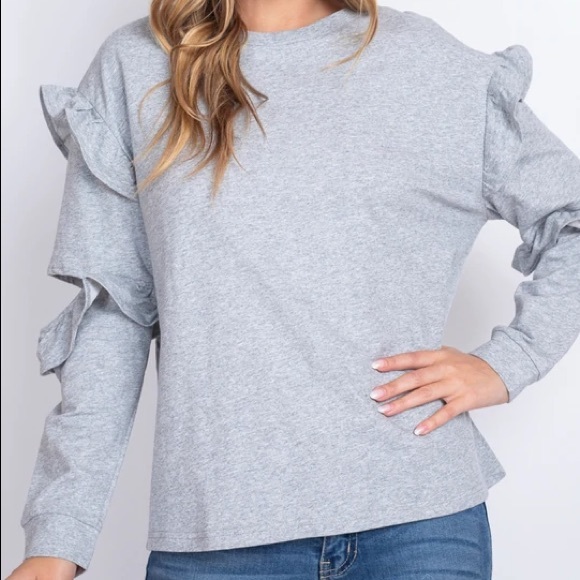 NWT! Very J Long Sleeve Cotton Crewneck with Ruffles - Picture 2 of 12